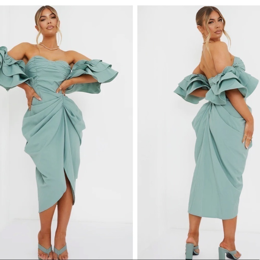 PrettyLittleThing Sage Green Off-Shoulder Midi Dress